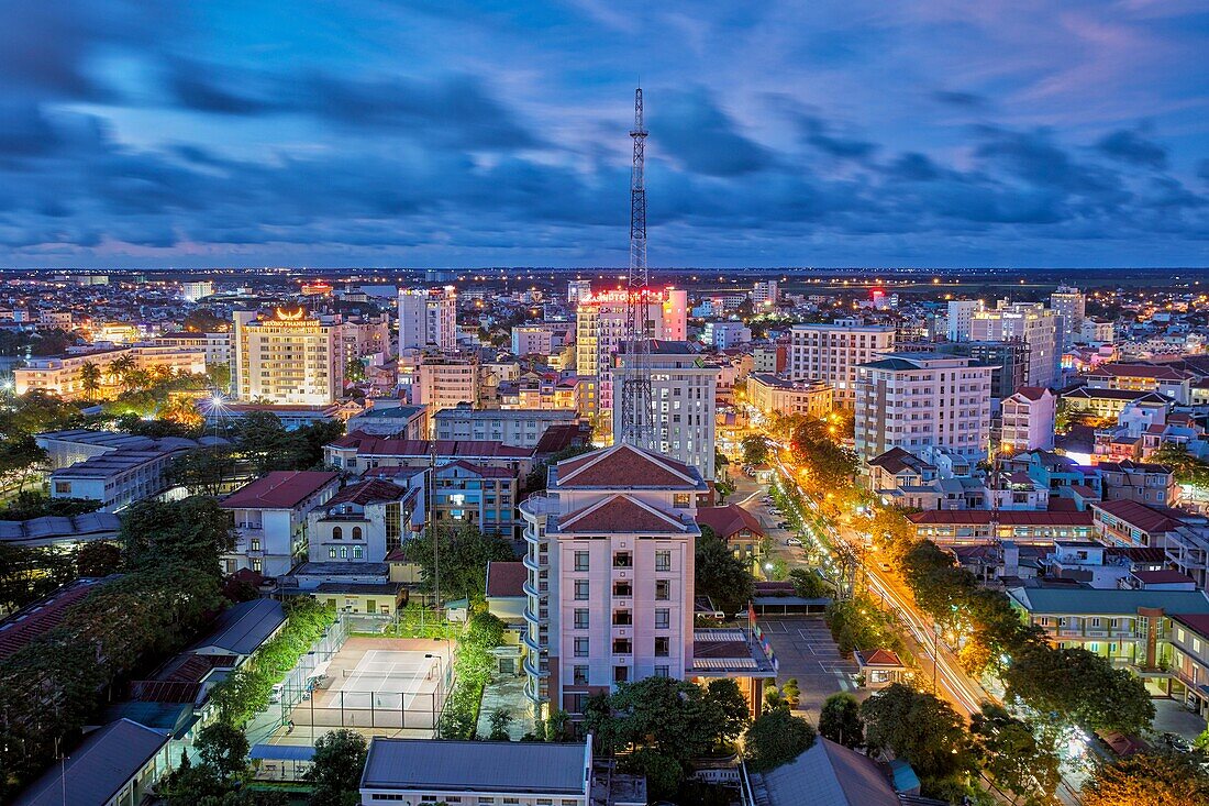 Elevated city view at dusk. Hue, Vietnam.