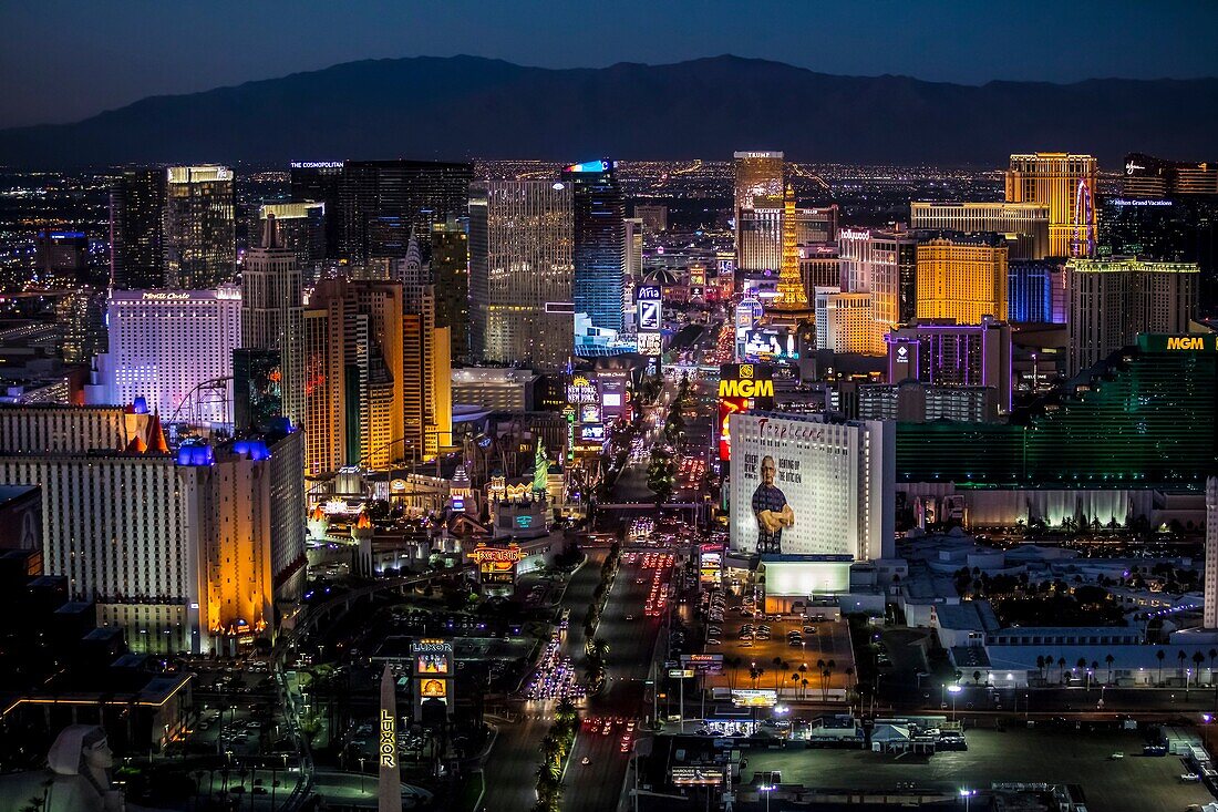 Aerial view of the Strip at night, Las Vegas, Nevada, USA.