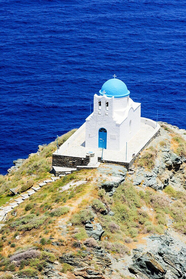 Whitewashed blue domed Church of the Seven Martyrs, Sifnos Island, Cyclades, Greece.