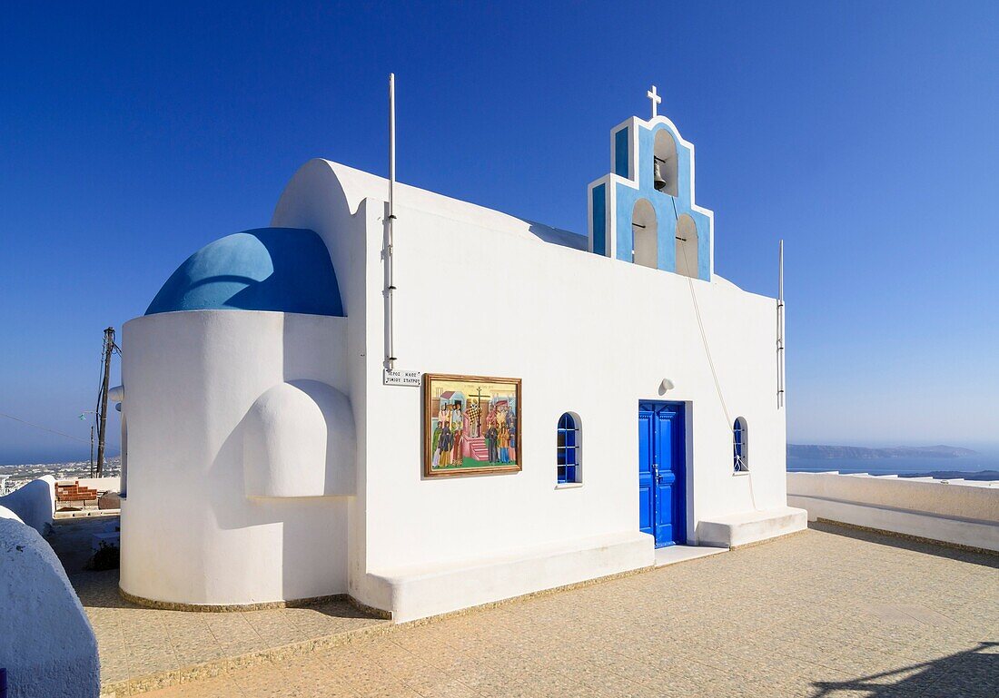 Rooftop chapel in Imerovigli, Santorini, Cyclades, Greece.