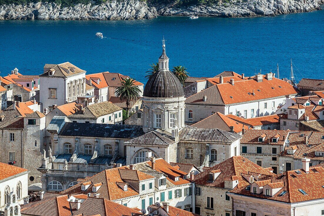 Cathedral of the Assumption of the Virgin Mary seen from defensive Walls of Dubrovnik on the Old Town of Dubrovnik city, Croatia.