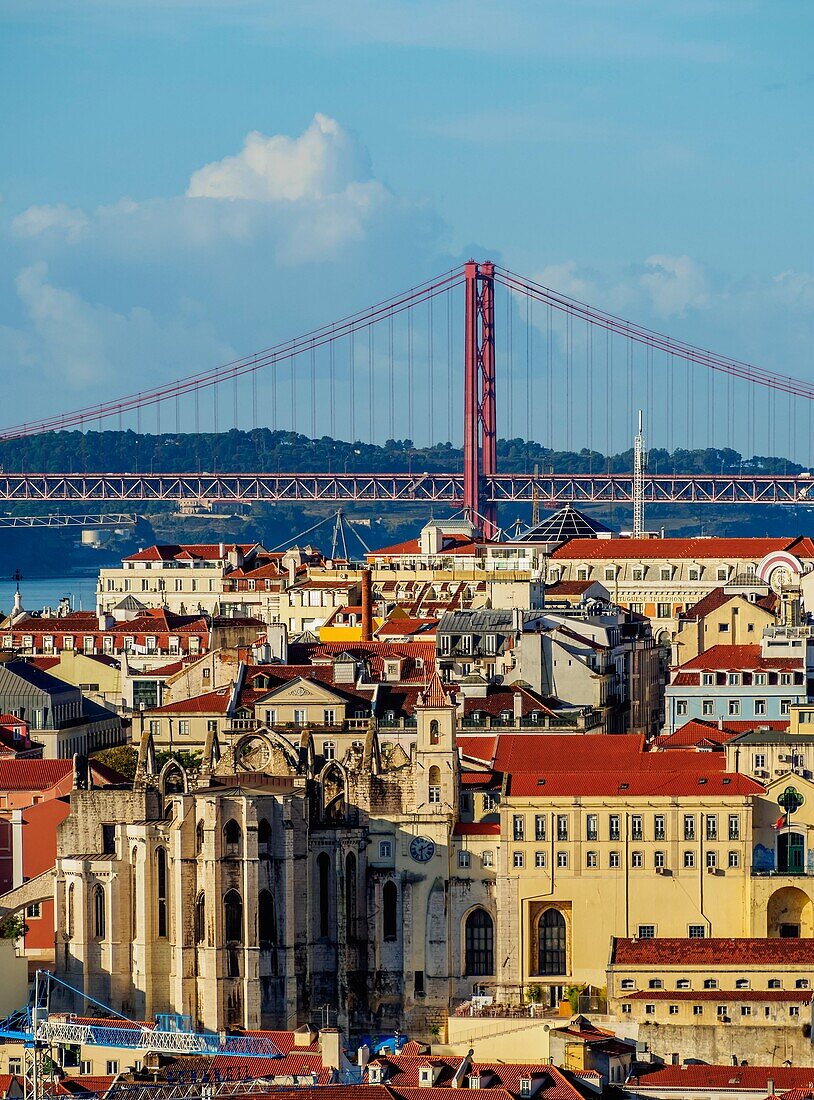 Portugal, Lisbon, Miradouro da Graca, View towards the Carmo Convent and the 25 de Abril Bridge.