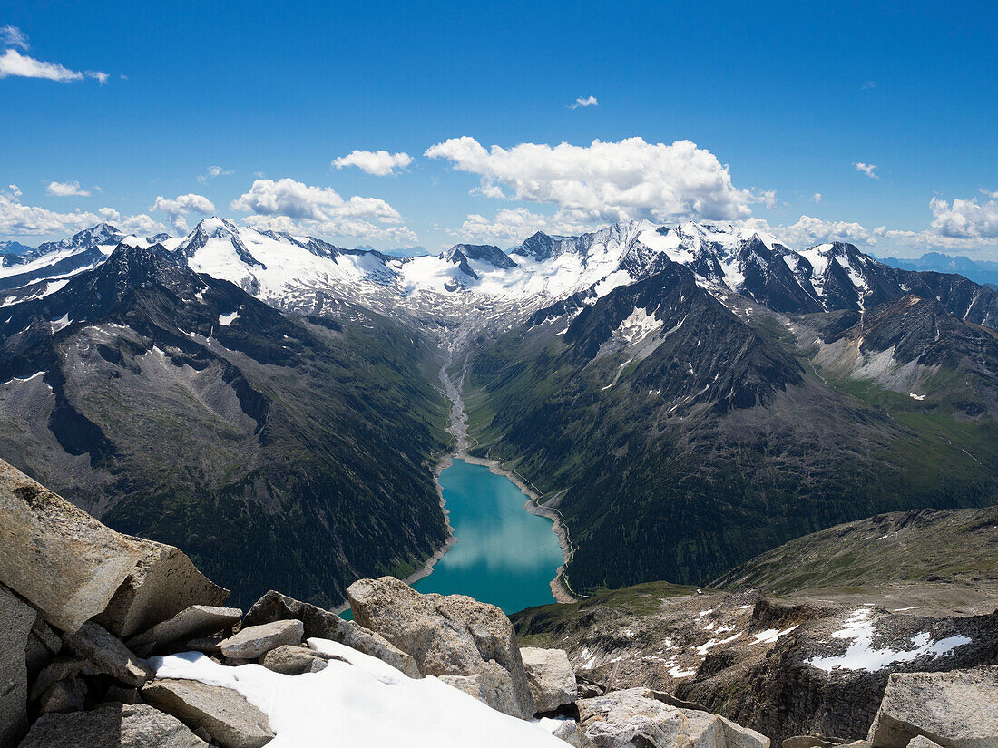 View from Gefrorene Wand summit to Schlegeis lake and Zillertal mountains, Hintertux glacier, Zillertal, Tyrol, Austria, Europe