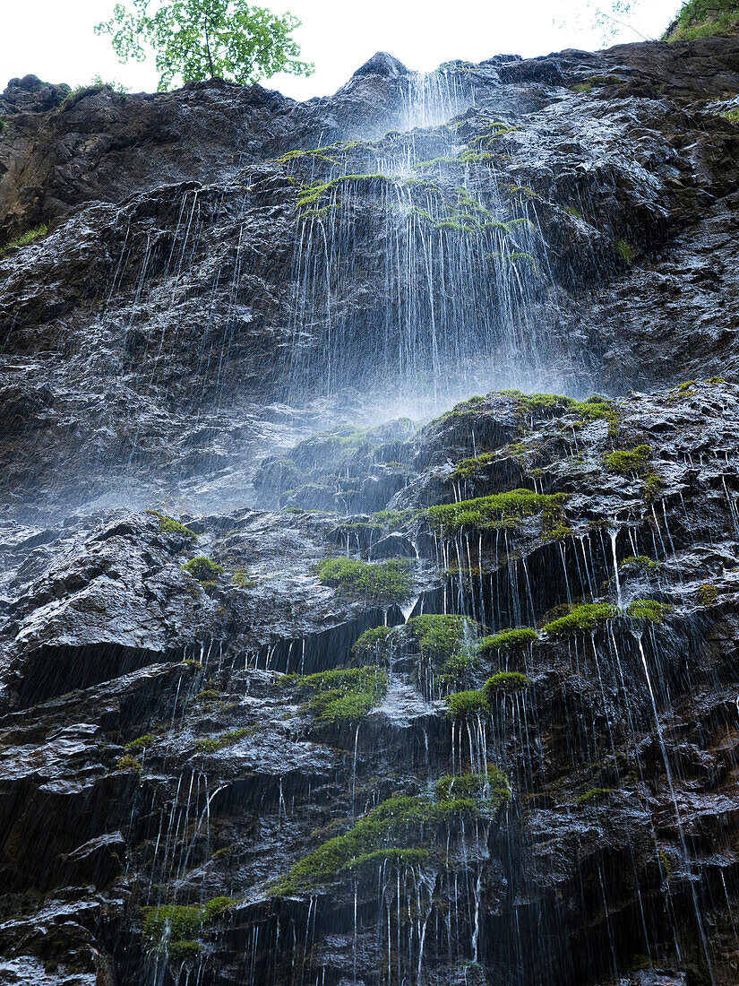 waterfall in Höllentalklamm gorge near Garmisch Partenkirchen, Hammersbach, Wetterstein mountains, Alps, Upper Bavaria, Germany, Europe