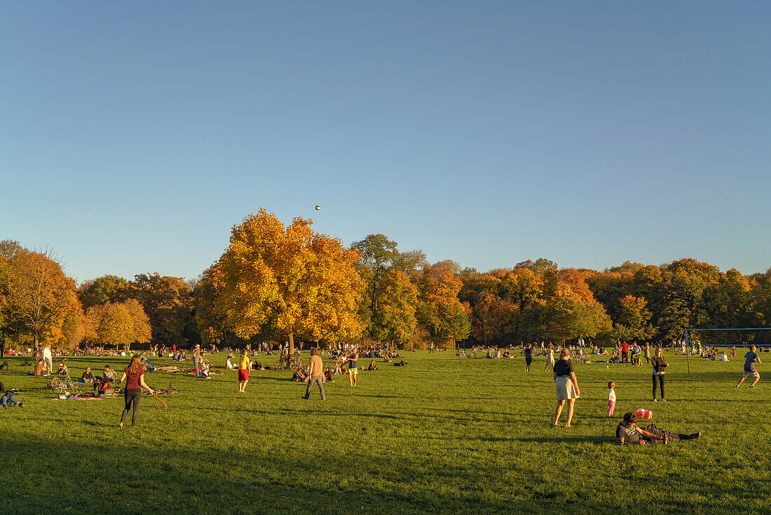 Herbstszene im Englischen Garten, Leute liegen auf einer Wiese oder spielen Badminton, Fussball, Volleyball,  München, Oberbayern, Deutschland