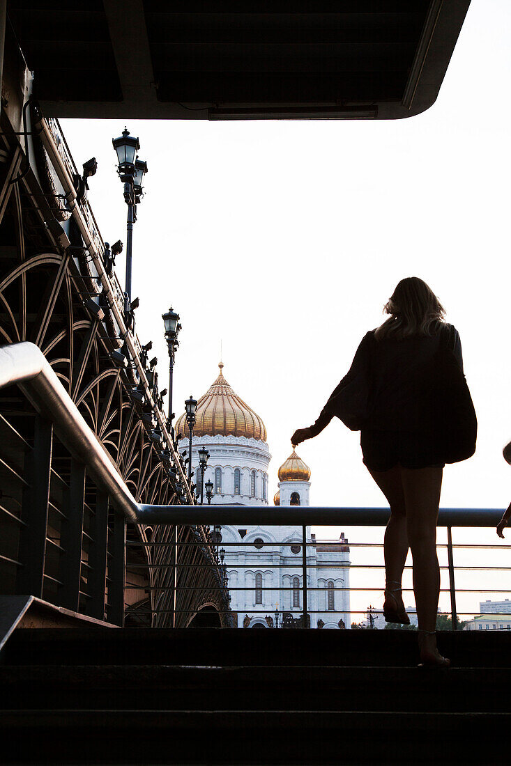 RUSSIA, Moscow. A view of the Patriarshy Bridge and the Cathedral of Christ the Saviour.