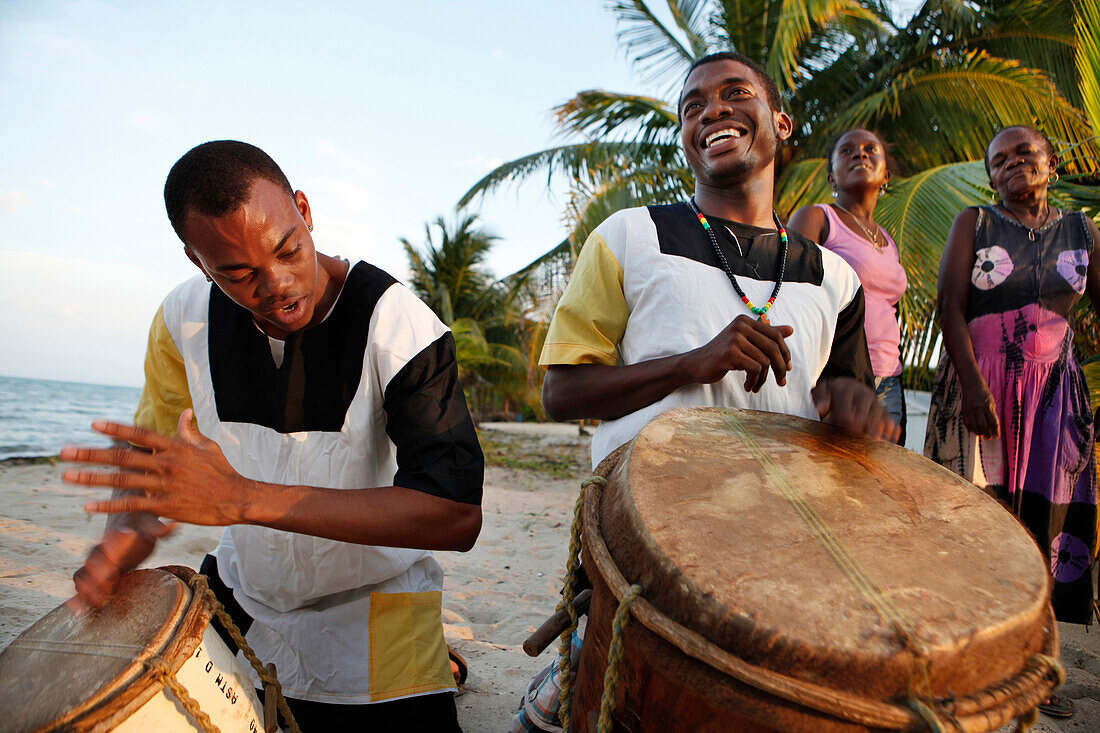 BELIZE, Hopkins, Lebeha Drummers Ronald Willams and Warren Martinez at the drumming center in Hopkins, winners of the Battle of the Drums