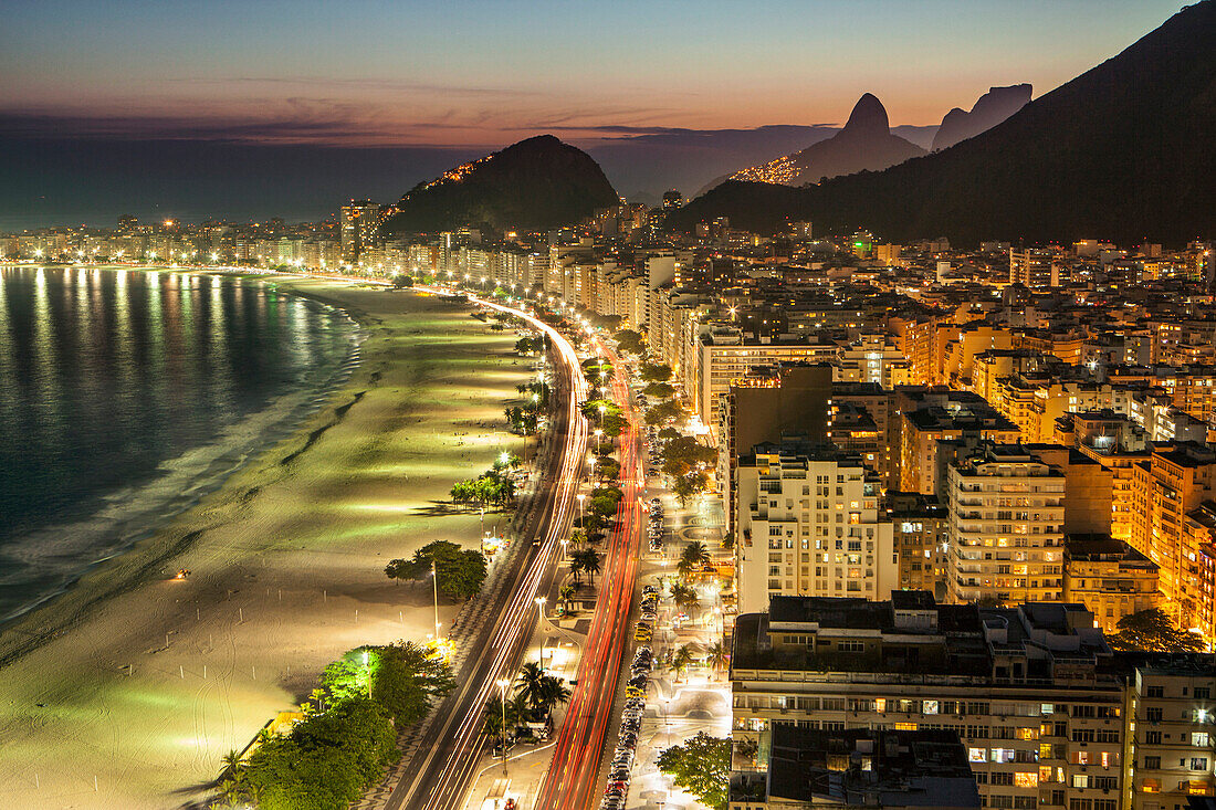 BRAZIL, Rio de Janiero, a view of Copacabana Beach at night