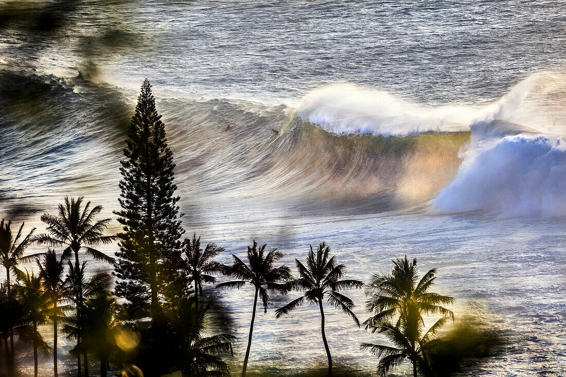 HAWAII, Oahu, North Shore, Eddie Aikau, 2016, locals surfing at Waimea Bay after the Eddie Aikau 2016 surf competition had ended, Waimea Bay