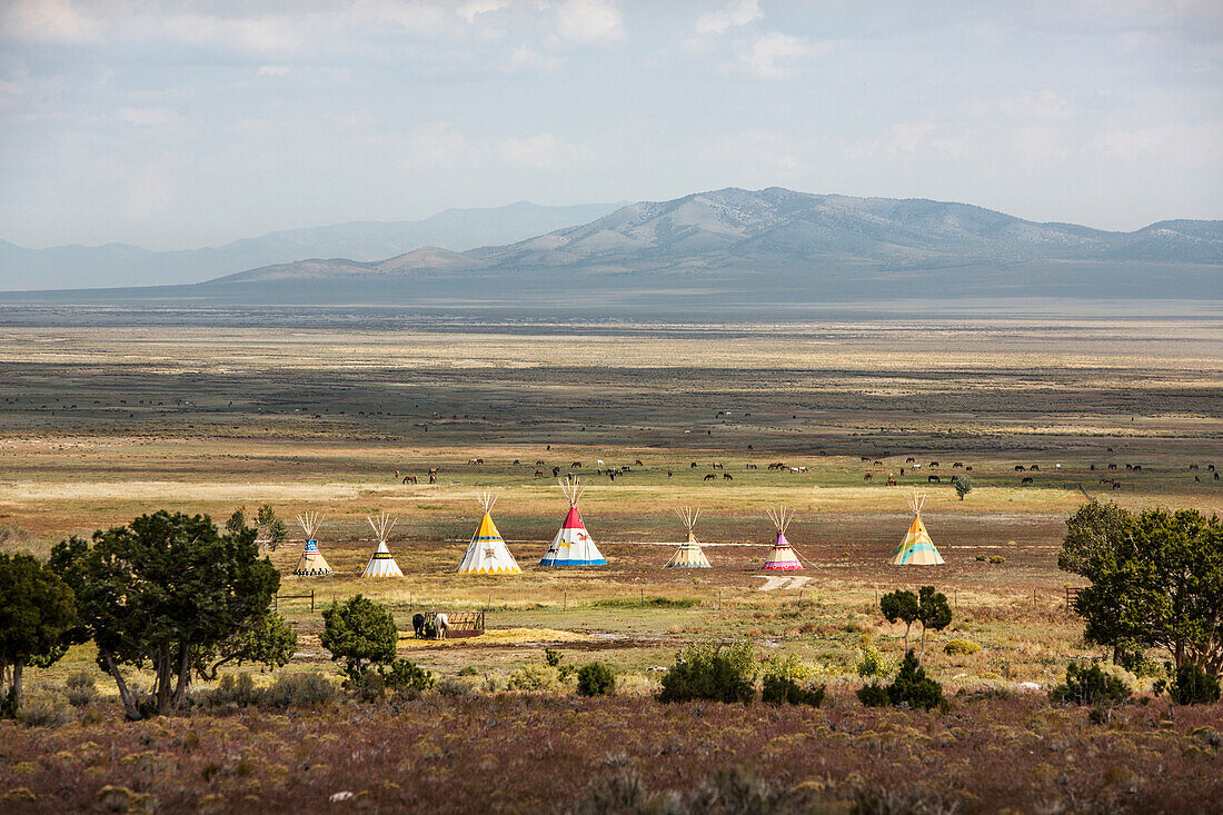 USA, Nevada, Wells, colorful tipis are scattered all over Mustang Monument, A sustainable luxury eco friendly resort and preserve for wild horses, Saving America's Mustangs Foundation