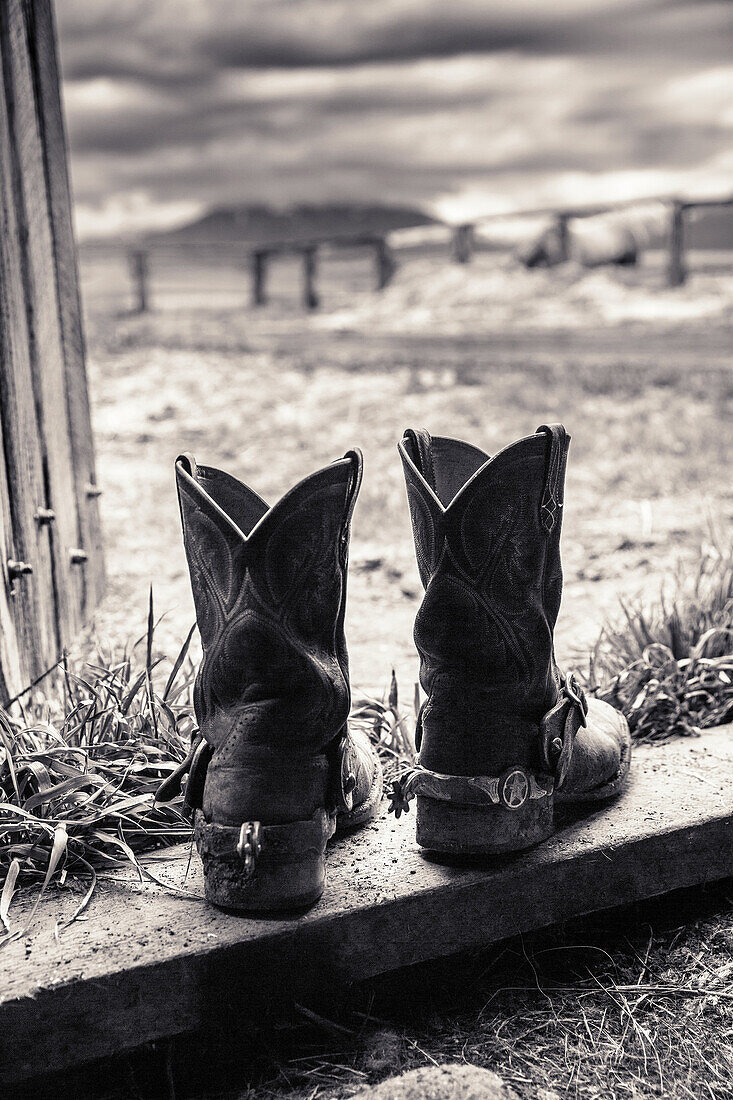 USA, Oregon, Enterprise, the boots and lasso of Cowboy Cody Ross at the Snyder Ranch in North East Oregon between Enterprise and Joseph
