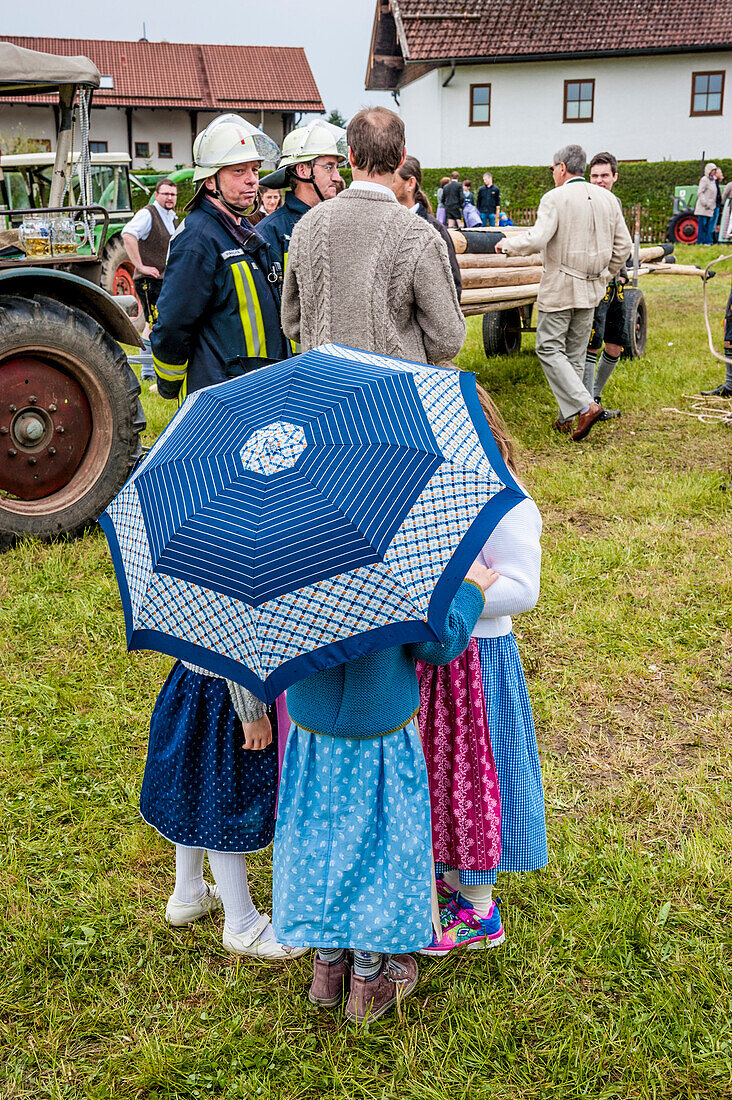 girls with dirndl and umbrella, maypole, bavarian tradition, Bavaria, Germany, Europe