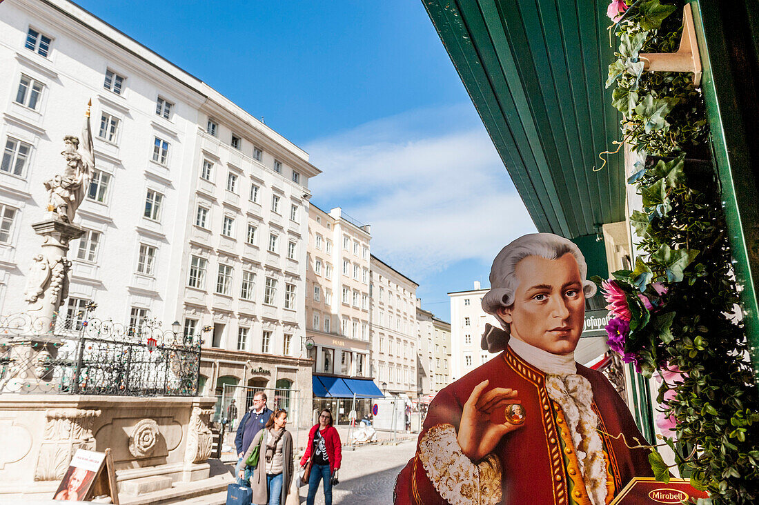 Mozartkugel, billboard, old town, historic city center, Salzburg, Austria, Europe