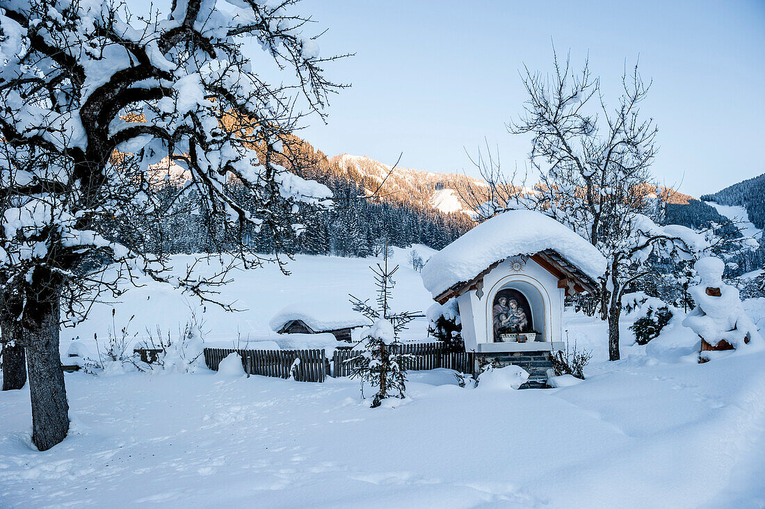 chapel, winterly landscape, mountains, snow, Werfenweng, Austria, the Alps, Europe