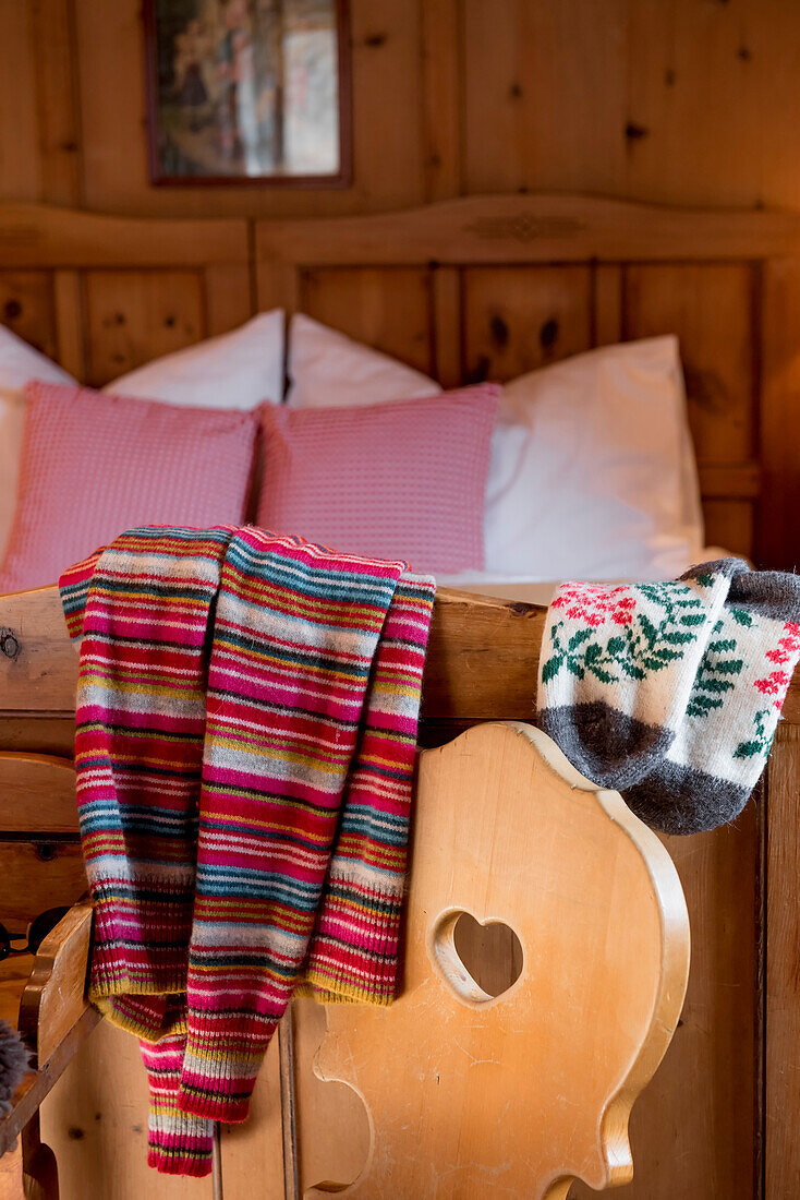 bed, wooden room, traditional decoration, winterly interior, warmness, the Alps, South Tyrol, Trentino, Alto Adige, Italy, Europe