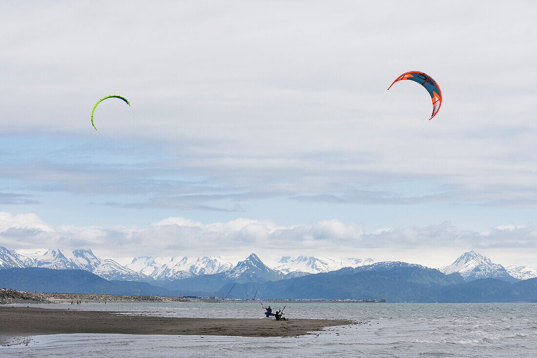 Kite Surfers Along The Homer Spit, Kachemak Bay, Kenai Peninsula, Southcentral Alaska, USA