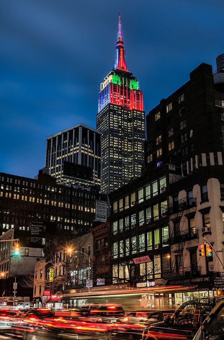 Empire State Building In Christmas And Hanukkah Colours; New York City, New York, United States Of America