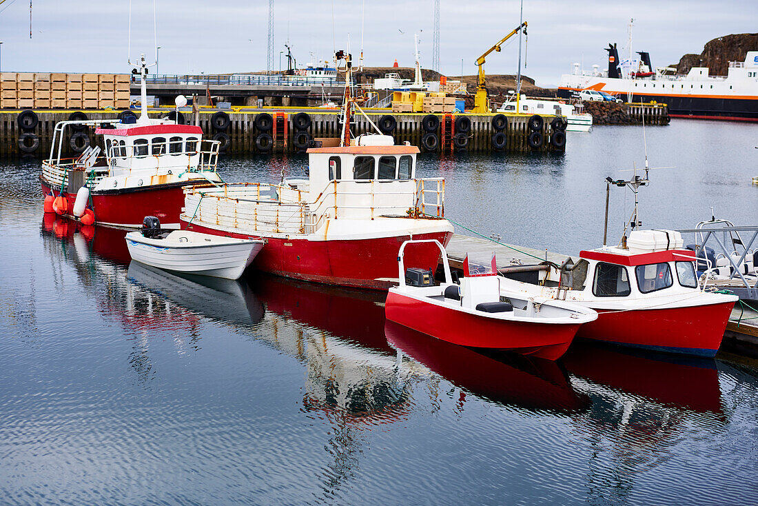 Fishing Boats In The Tranquil Water Of The Harbour; Hofn, Iceland
