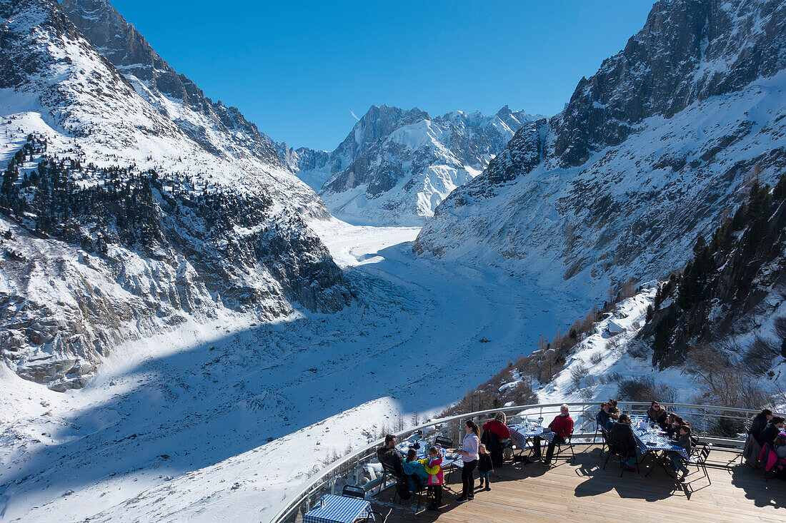 Observation Balcony With Restaurant Patio Overlooking Mer De Glace Glacier And Mont Blanc Massif; Montenvers, France
