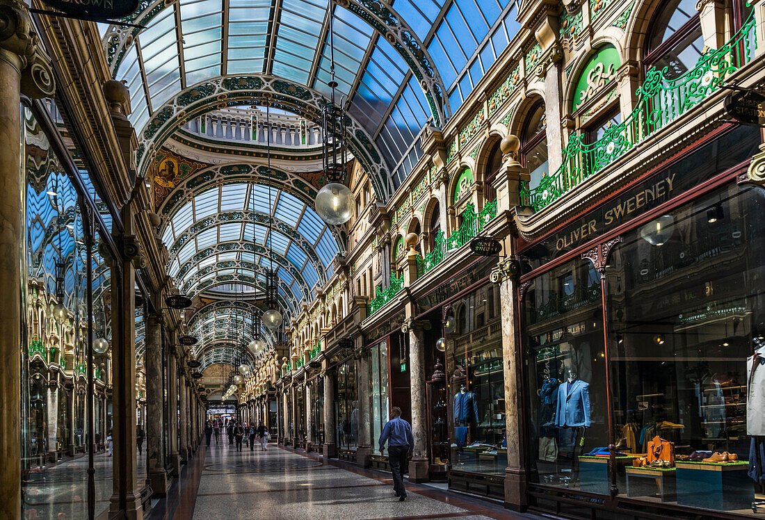 Historic shopping arcade, County Arcade, built in 1897-1900, now part of Leeds' Victoria Quarter; Leeds, West Yorkshire, England