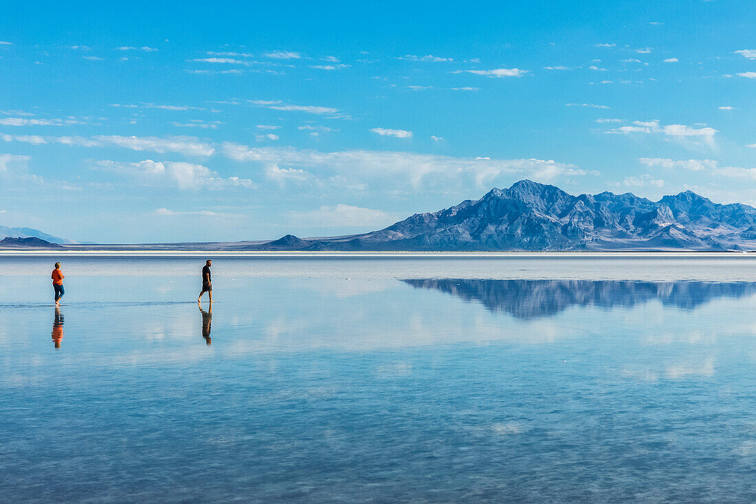 Tourists walk in inches deep salt water near Bonneville Salt Flats; Wendover, Utah, United States of America