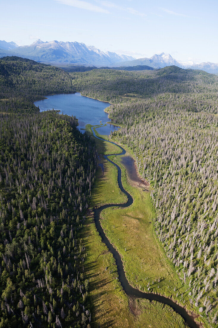 Lake And River In Lake And Peninsula Borough, Aleutian Range In The Distance; Alaska, United States Of America