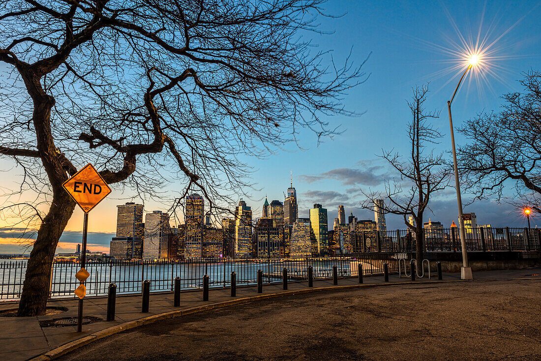 Lower Manhattan Skyline At Twilight, Remsen Street Cul-De-Sac; Brooklyn, New York, United States Of America