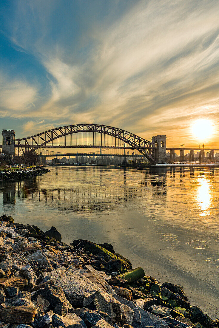 Hell Gate And Rfk Triboro Bridges At Sunset, Ralph Demarco Park; Queens, New York, United States Of America