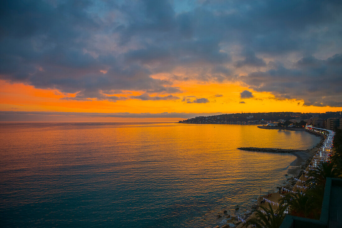 Coastline Of The French Riviera Along The Mediterranean Sea At Sunset; Menton, Cote D'azur, France