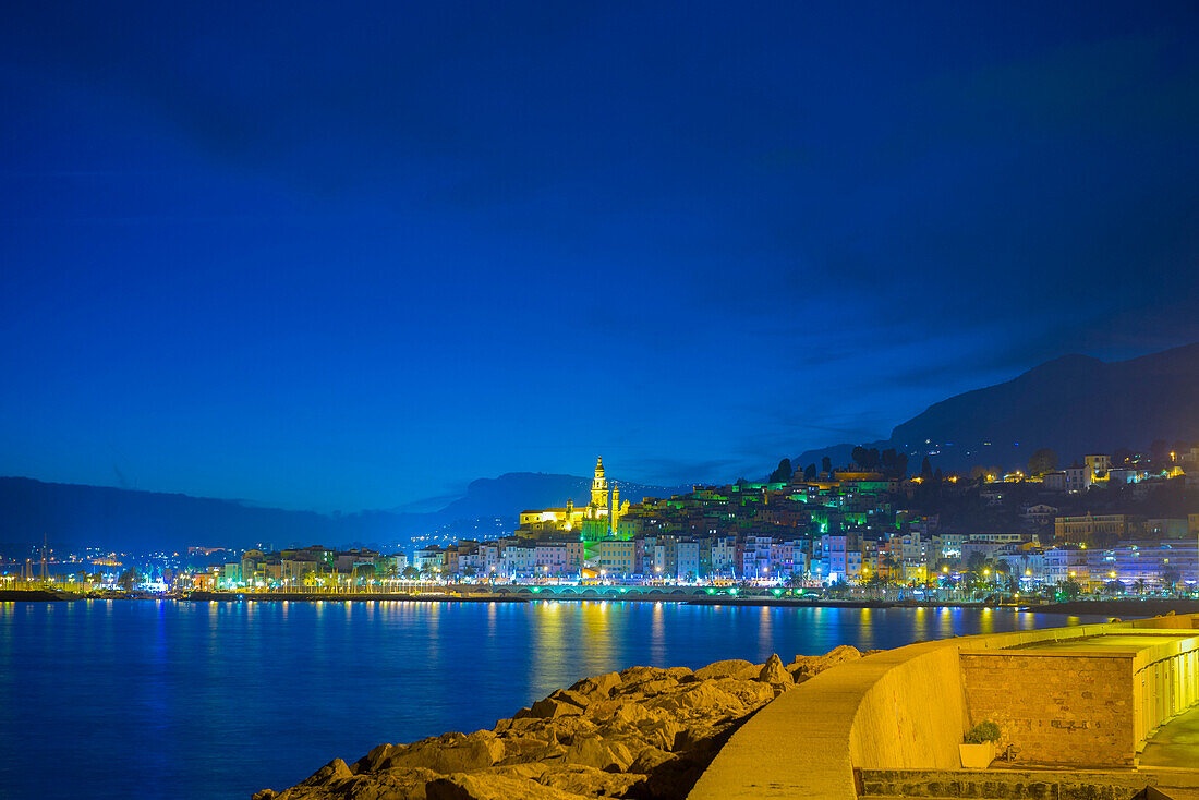 Lights Illuminating The Cityscape Along The Mediterranean; Menton, Cote D'azur, France