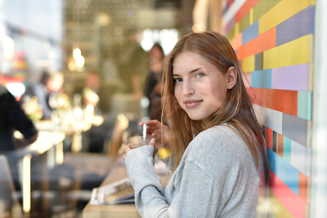 Girl in Cafe, Entenwerder, Hamburg, Germany