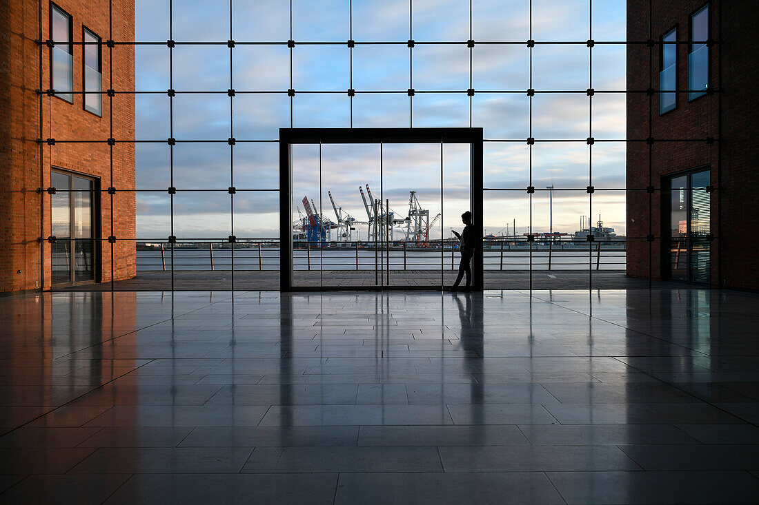 Frau mit Handy vor Hafen Kulisse, Hamburg, Deutschland