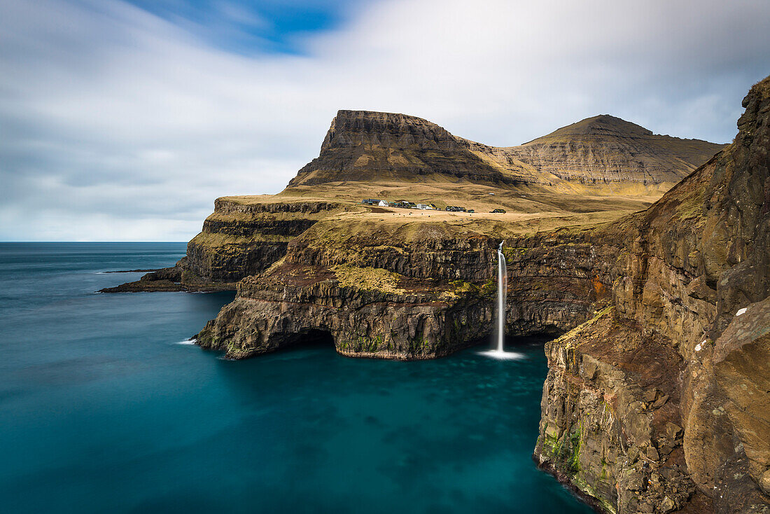 Gasadalur waterfall on the island Vagar, Faroe Islands, Denmark