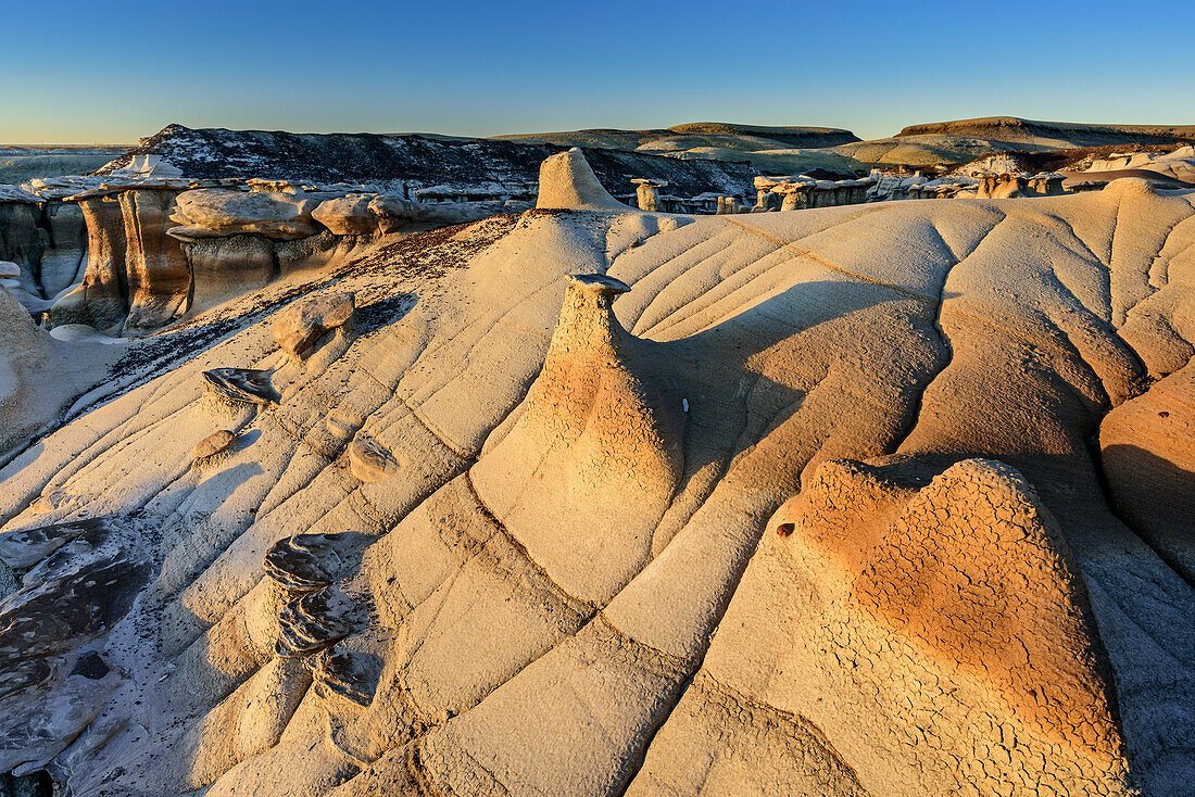 Brown and white striped rock formation with sandstone, Bisti Badlands, De-Nah-Zin Wilderness Area, New Mexico, USA