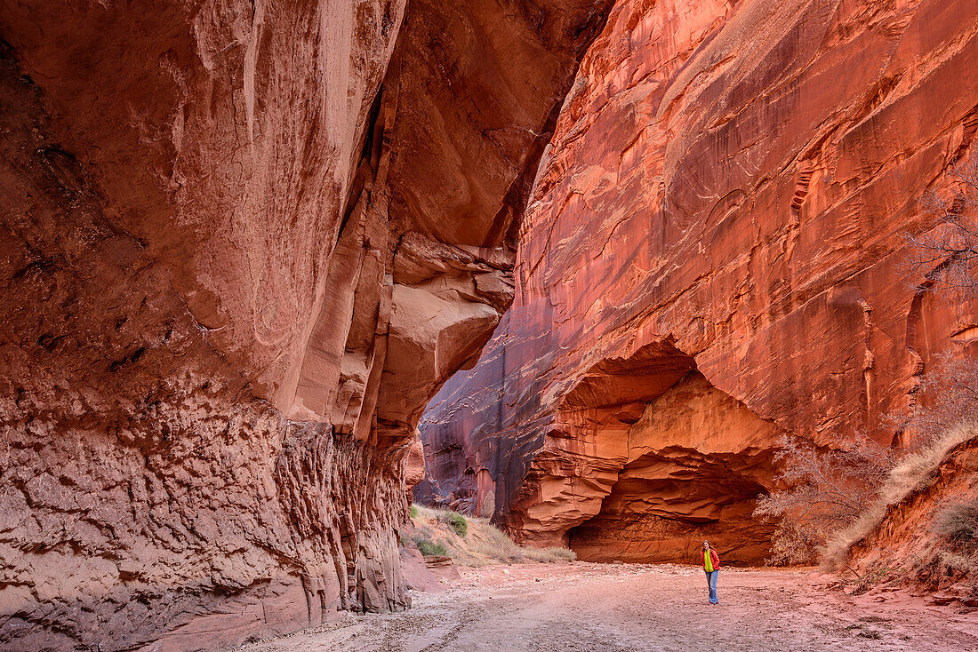 Frau wandert durch roten Felscanyon, Buckskin Gulch, Grand Staircase-Escalante National Monument, Utah, USA