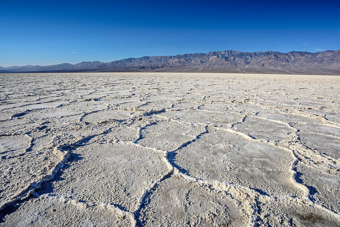 Salzablagerung in Salzpfanne Badwater Basin, Death Valley Nationalpark, Kalifornien, USA