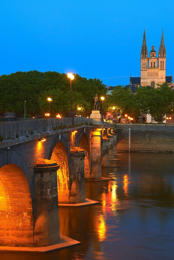 Angers, Cathedral, Dusk, Maine et Loire, Anjou Province, River Maine, Pays de la Loire, Loire Valley, UNESCO World Heritage Site, France.