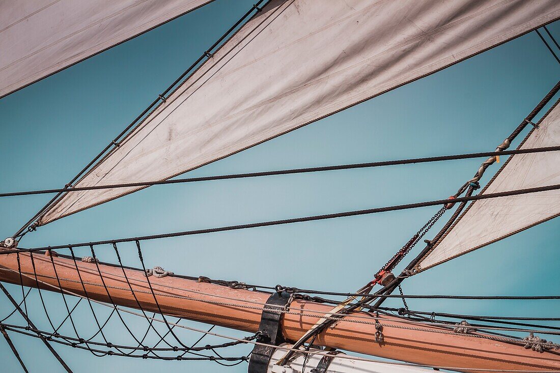 Close-up and detailed view of rigging and sails on the 'Star of India' at the San Diego Maritime Museum