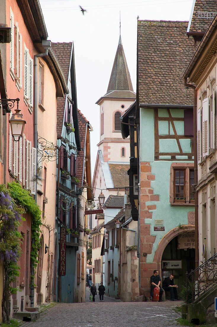 Riquewihr town on wine route Alsace known for the Riesling and other great wines on May 14, 2016 in Alsace, France.