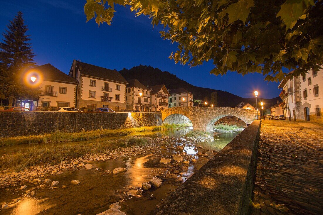 The picturesque village of Ochagavía, right in the middle of Navarre's Eastern Pyrenees Spain Nightscape.