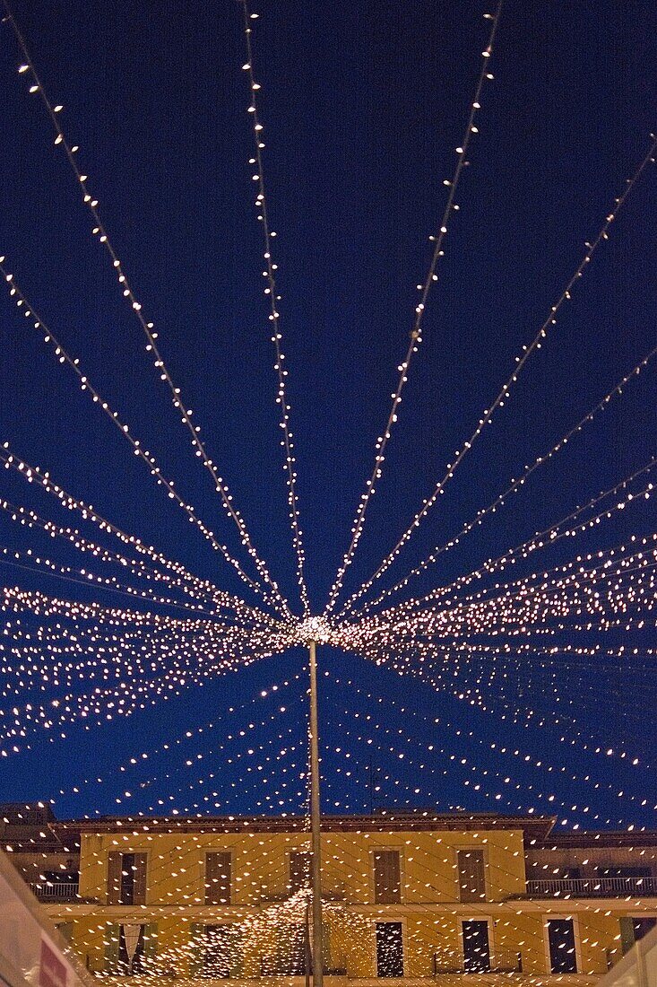 Plaza Mayor detail with Christmas lights in Palma de Mallorca, Balearic islands, Spain.