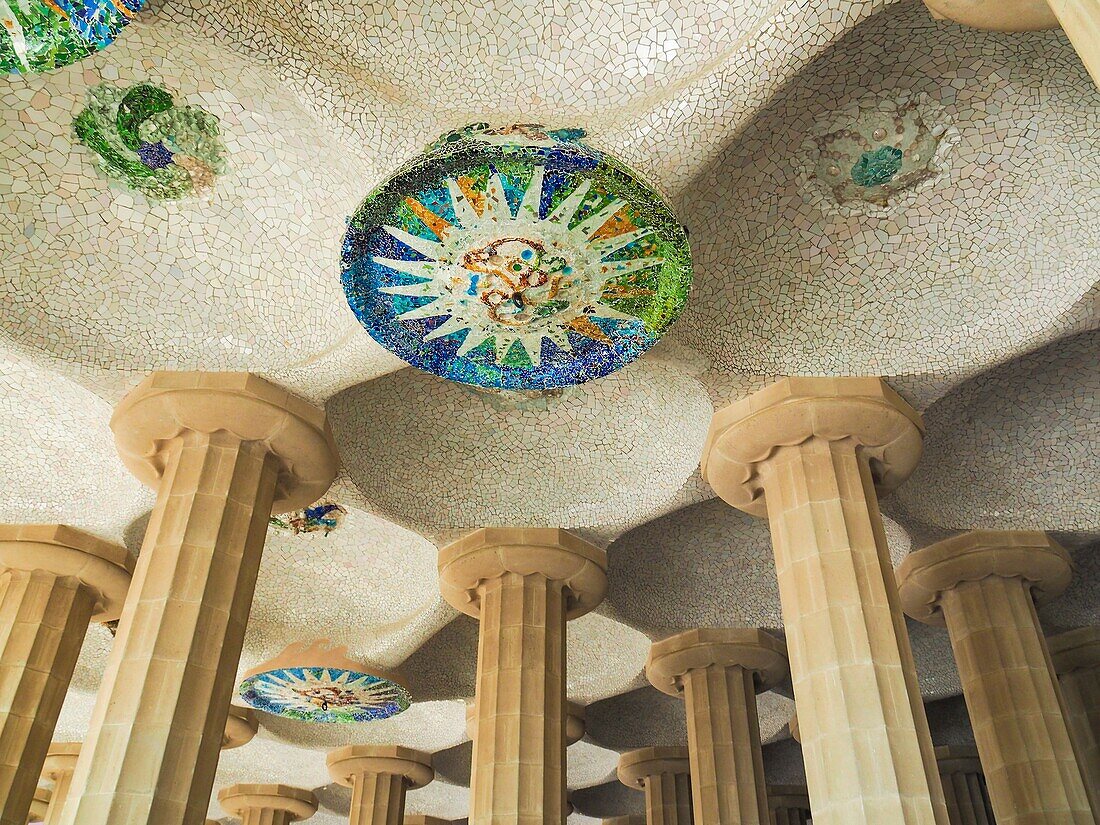 Parc Güell Garden complex with architectural elements Designed by the Catalan architect Antoni Gaudí, Spain, Europe.
