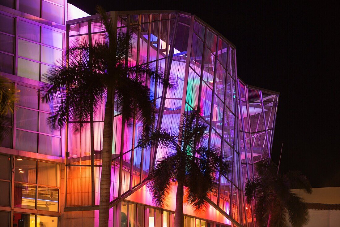 MULTI COLOR RAINBOW LIGHTS EQUINOX BUILDING FIFTH STREET MIAMI BEACH FLORIDA USA.