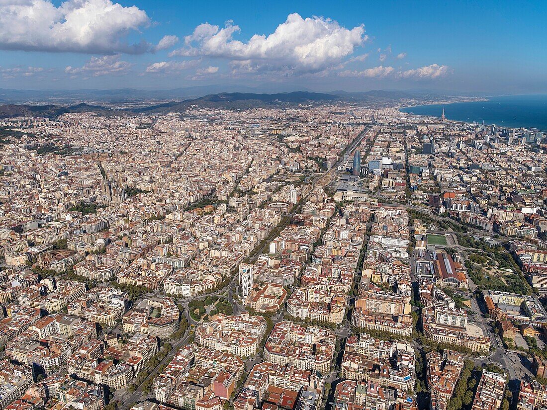 Aerial view of the quarter of 'L'Eixample' with the characteristic grid in Barcelona.