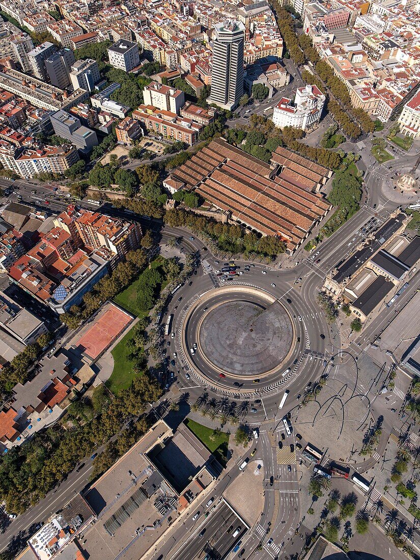 Square of Les Drassanes and historic shipyards buildings in Barcelona.