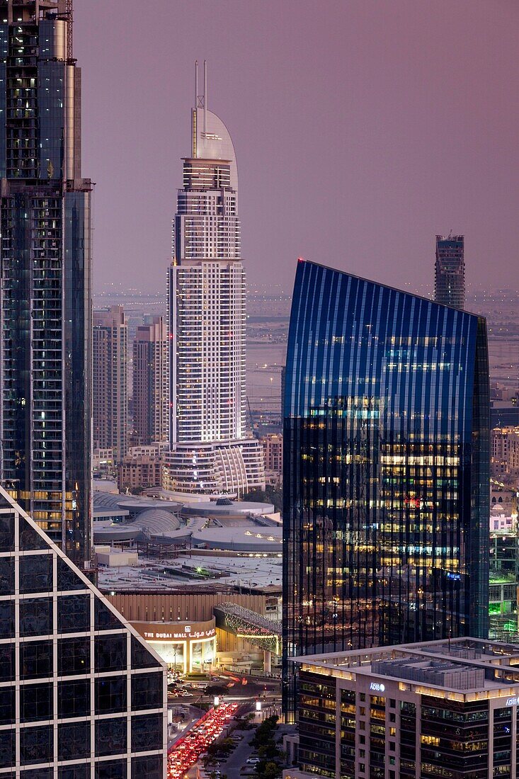 UAE, Dubai, Downtown Dubai, The Address Downtown Hotel, elevated view, dusk.