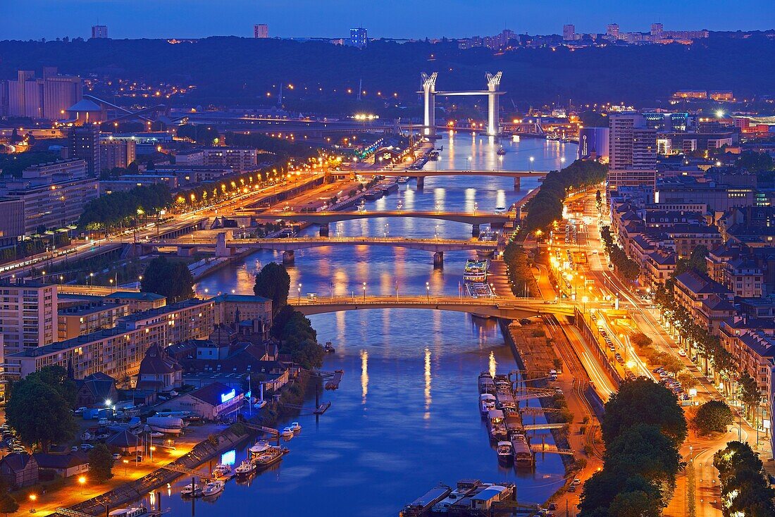 Rouen, Seine river, River Seine, Dusk, Haute Normandie, Seine Maritime Department, Normandy, France.