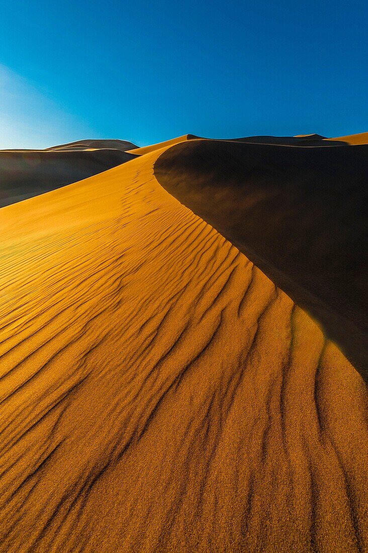 Great Sand Dunes National Park and Preserve, near Mosca, Colorado USA. The park contains the tallest sand dunes in North America, rising about 750 feet above the floor of the San Luis Valley.