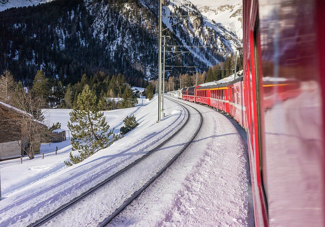 Samedan, Switzerland. On board of the Bernina Express.
