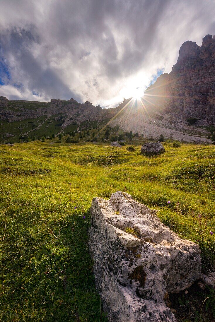 Lastoi de Formin, Dolomites, Cortina d'Ampezzo, Veneto, Belluno, Italy. Typical alpine location near Federa Lake.